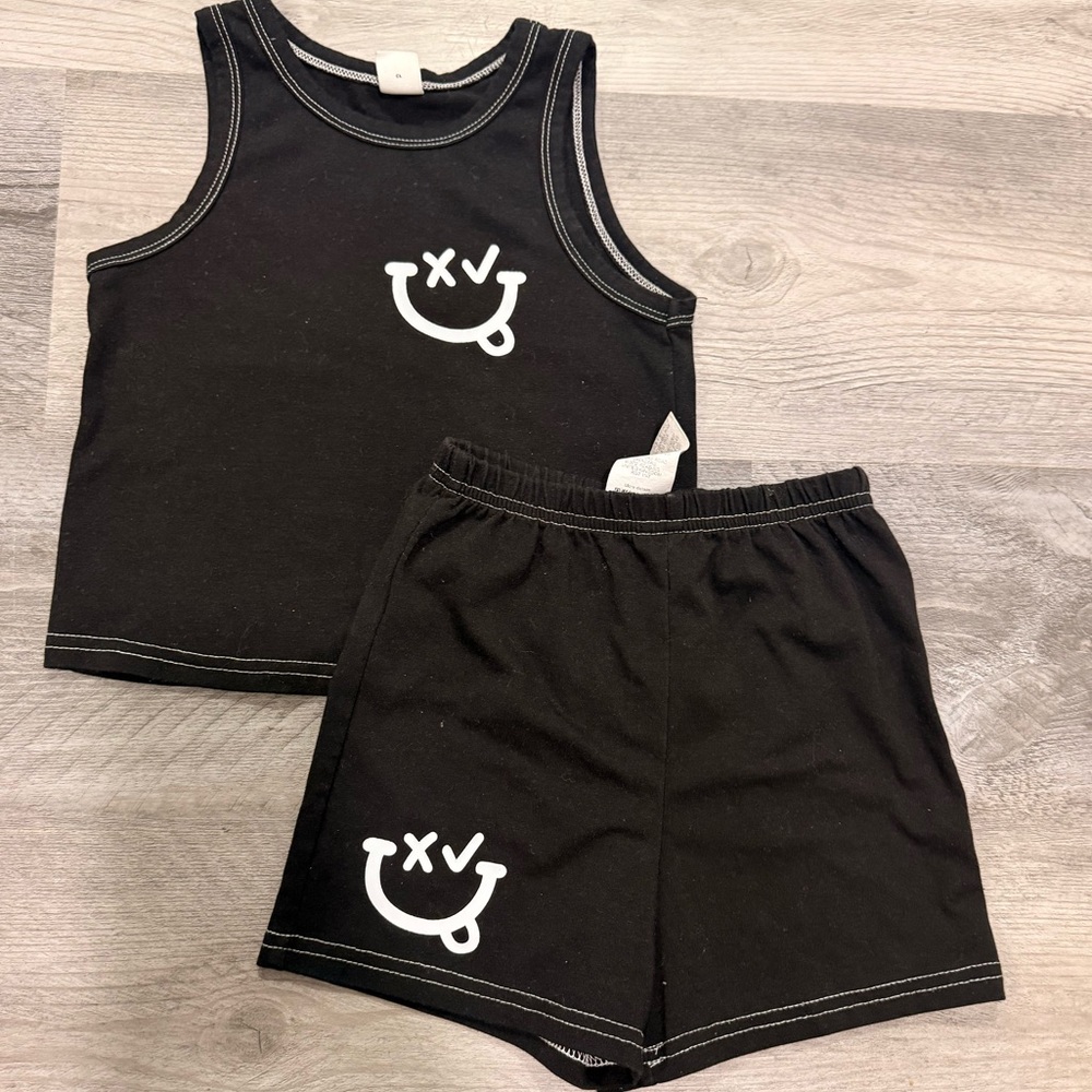 SHEIN Black Two-Piece Tank & Shorts Set with White Stitching